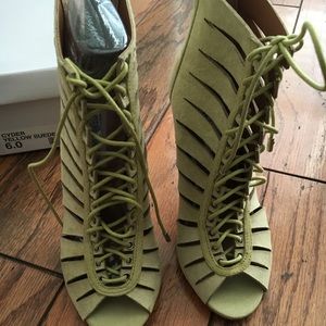 Yellow/lime suede peep toe bootie